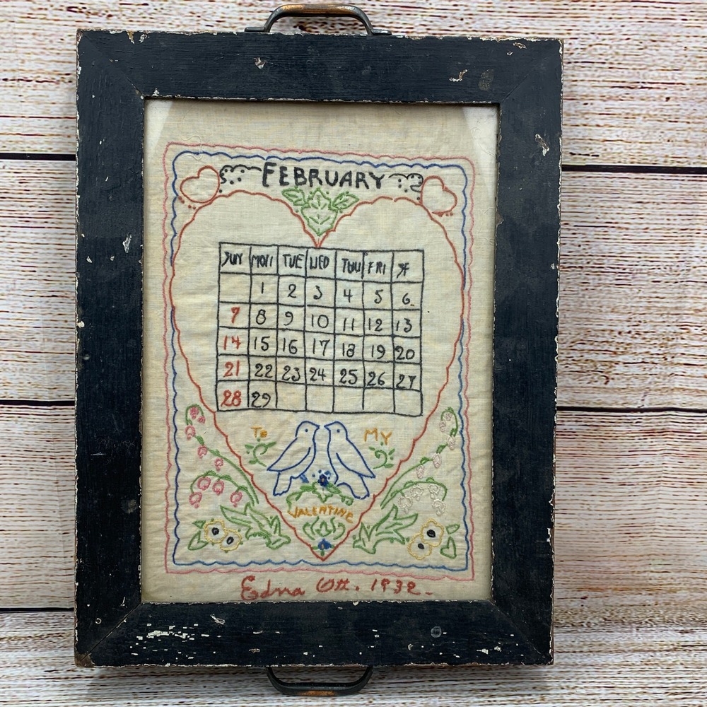 Vintage 1932 February Calendar Framed Metal Handles Hand Embroidered